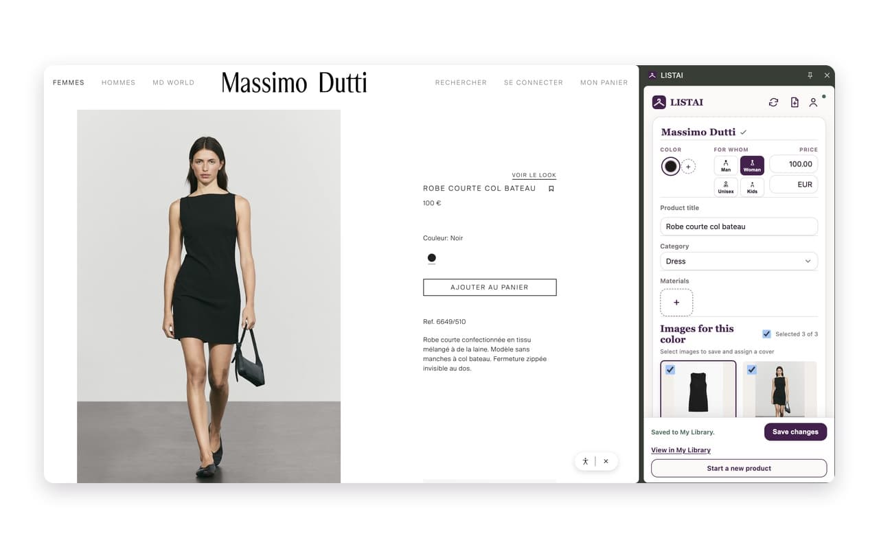 Capture d'un produit depuis une page boutique vers le panneau LISTAI
